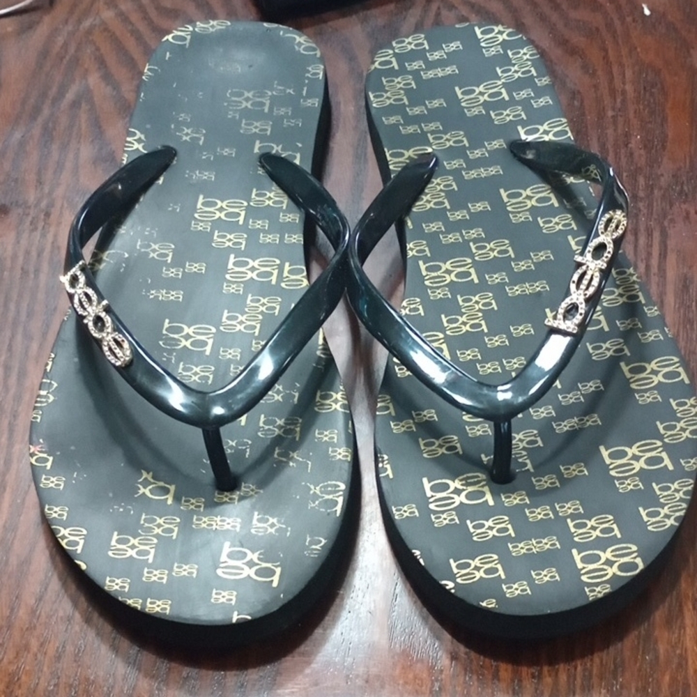 BEBE  Black Flip Flops with Gold Logo Design 9